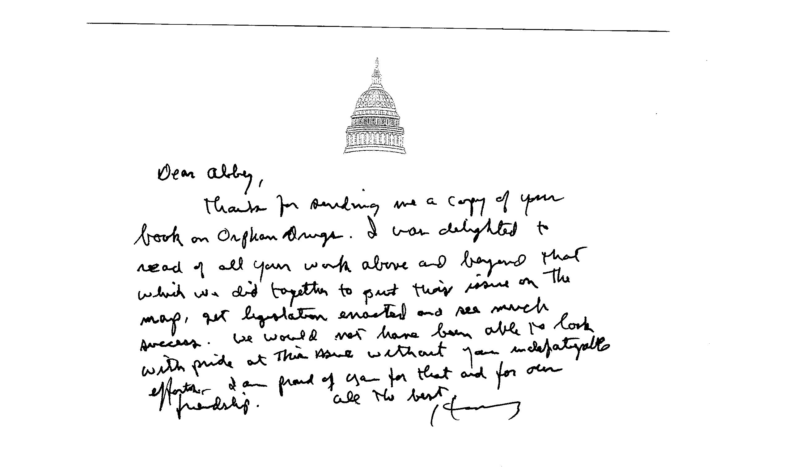 Note from retired Congressman Henry Waxman, Chairman of the House Energy & Commerce Committee